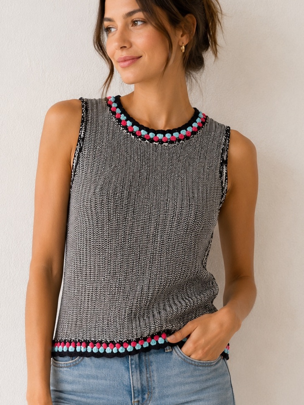 THML Black & Pink Blue Pom-Trim Sleeveless Knit Tank M